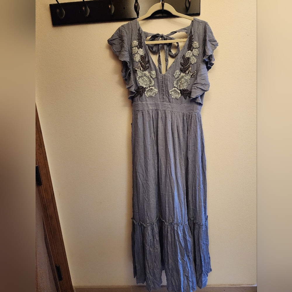 Joyfolie Dusty Blue Backless Embroidered Maxi Dress